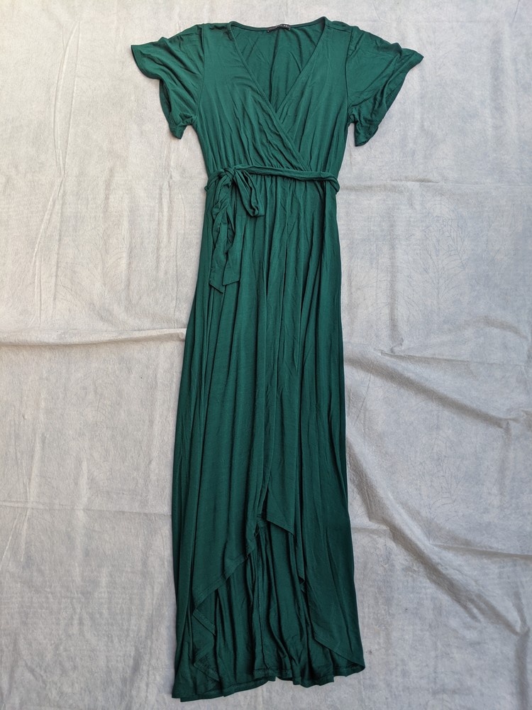 West Kei Flutter Sleeve High / Low Wrap Dress in Emerald Green